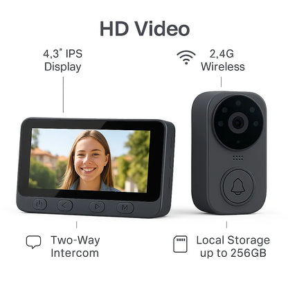 Secure Vista 4.3” Wireless Visual Intercom Doorbell – Smart Home Security System with 2.4G Connection, Two-Way Talk, and Night Vision