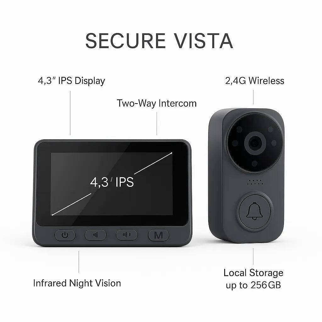 Secure Vista 4.3” Wireless Visual Intercom Doorbell – Smart Home Security System with 2.4G Connection, Two-Way Talk, and Night Vision